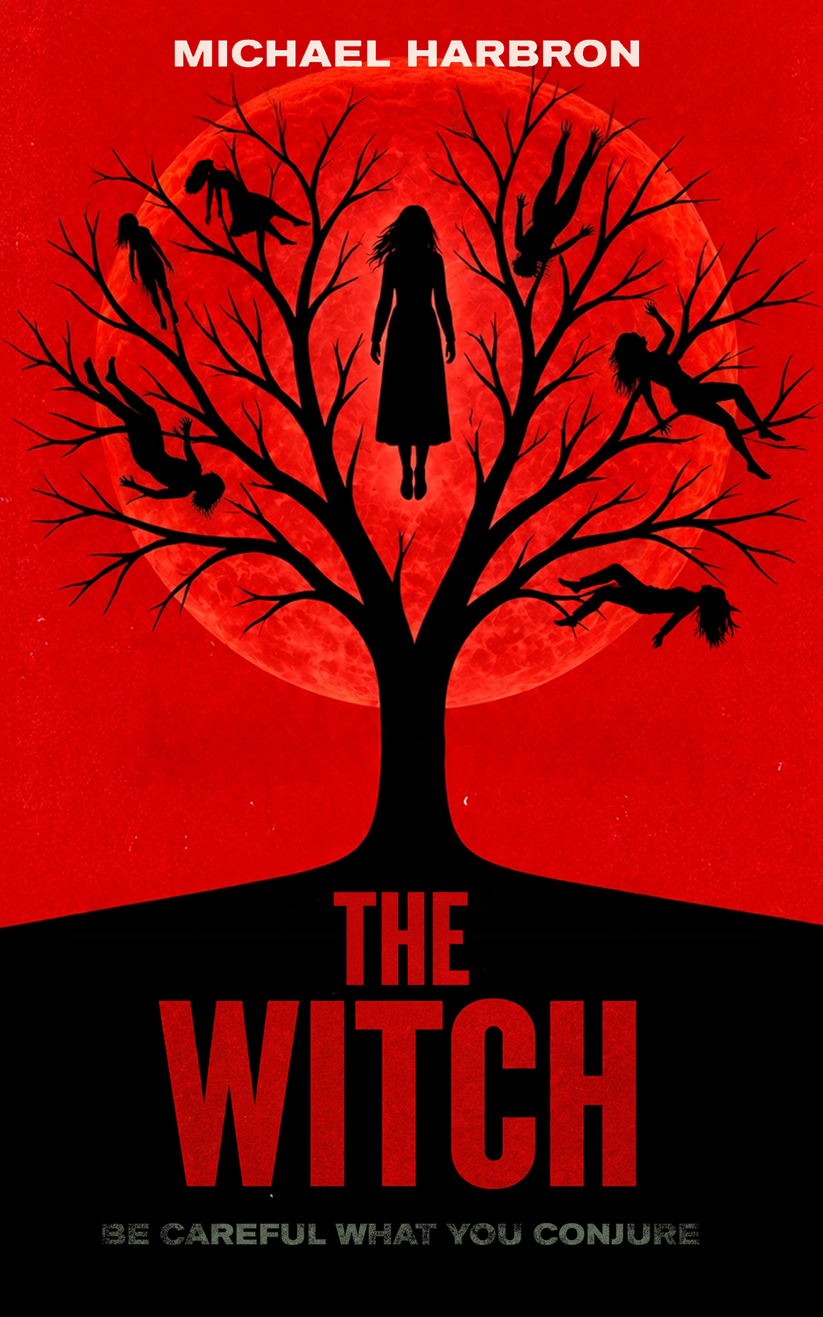 The Witch by Michael Harbron — black tree and floating figures against a red moon